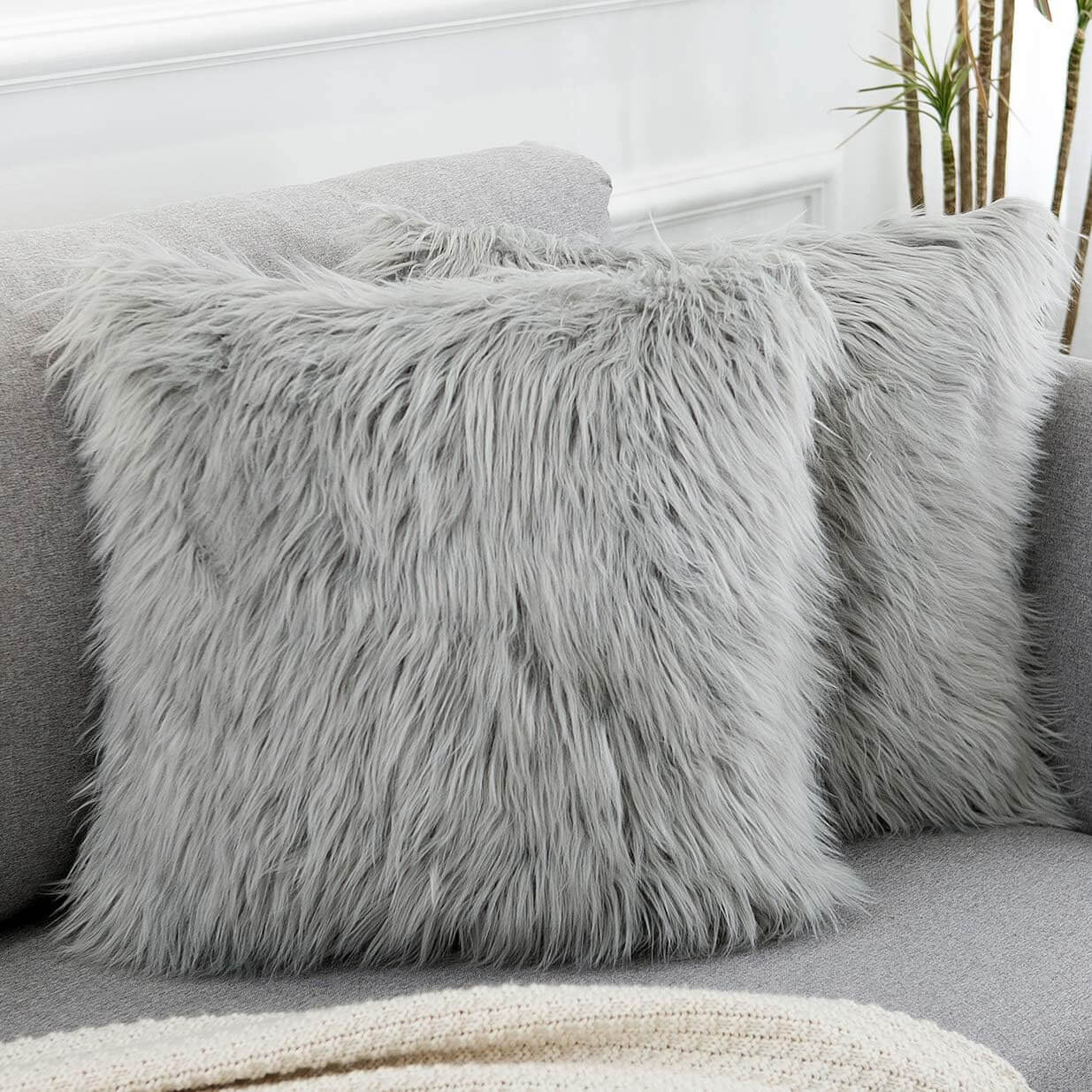 Anickal 2-piece set lumbar light gray decorative pillowcase new luxury series merino wool style artificial fur fluffy pillow pillowcase plush cushion set 30.48 x 50.80 cm