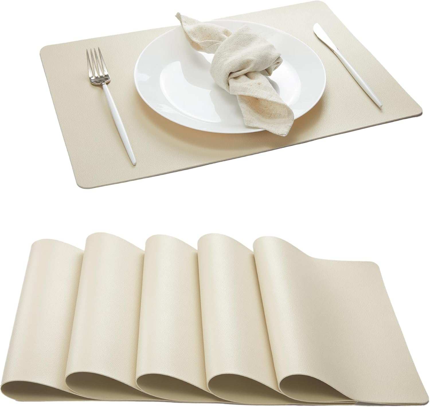 Anickal Placemats Set of 6, Beige Faux Leather Heat Resistant Mats for for Kitchen Dining Room Table Decorations, Anti Slip Dining Table Place Mats for Indoor & Outdoor Use