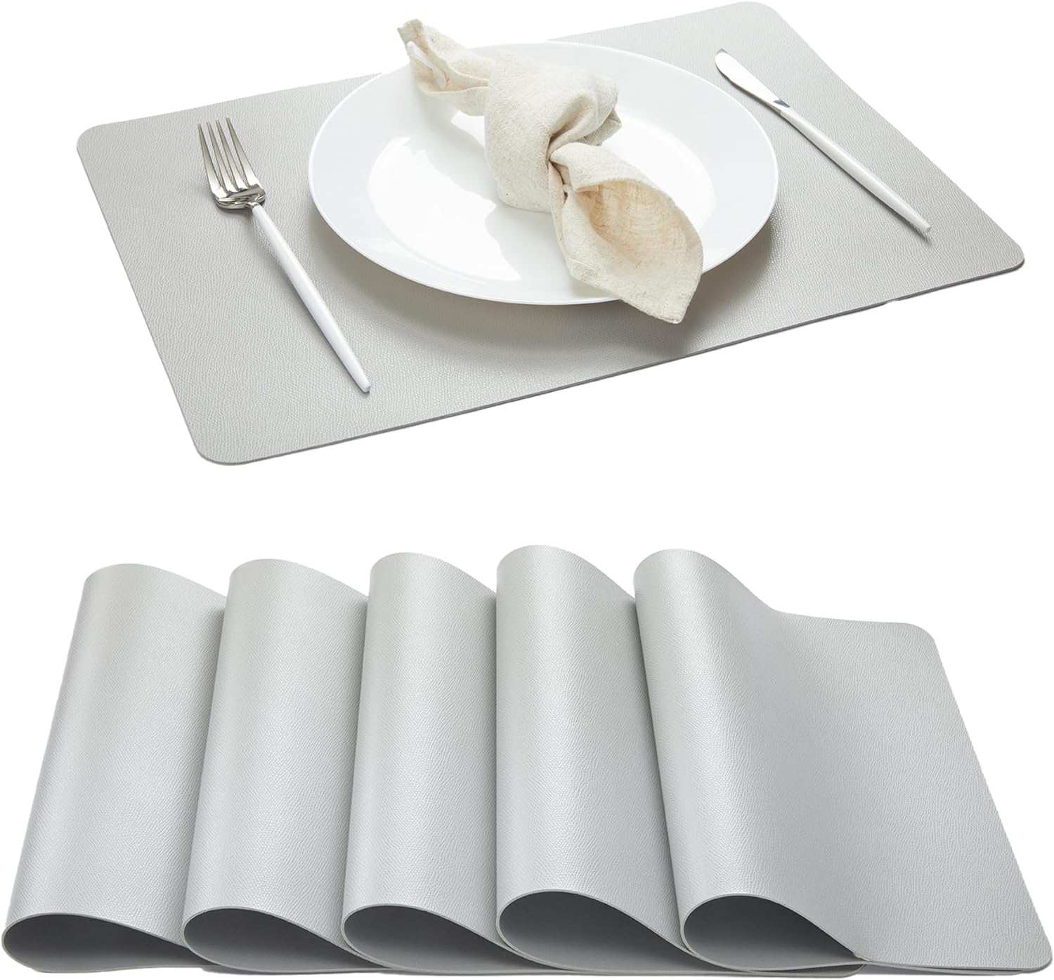 Anickal Placemats Set of 6, Gray Faux Leather Heat Resistant Table mats - Anti Slip Table Place Mats, Washable Wipeable Outdoor Placemats for Kitchen Dining Room Table Decorations