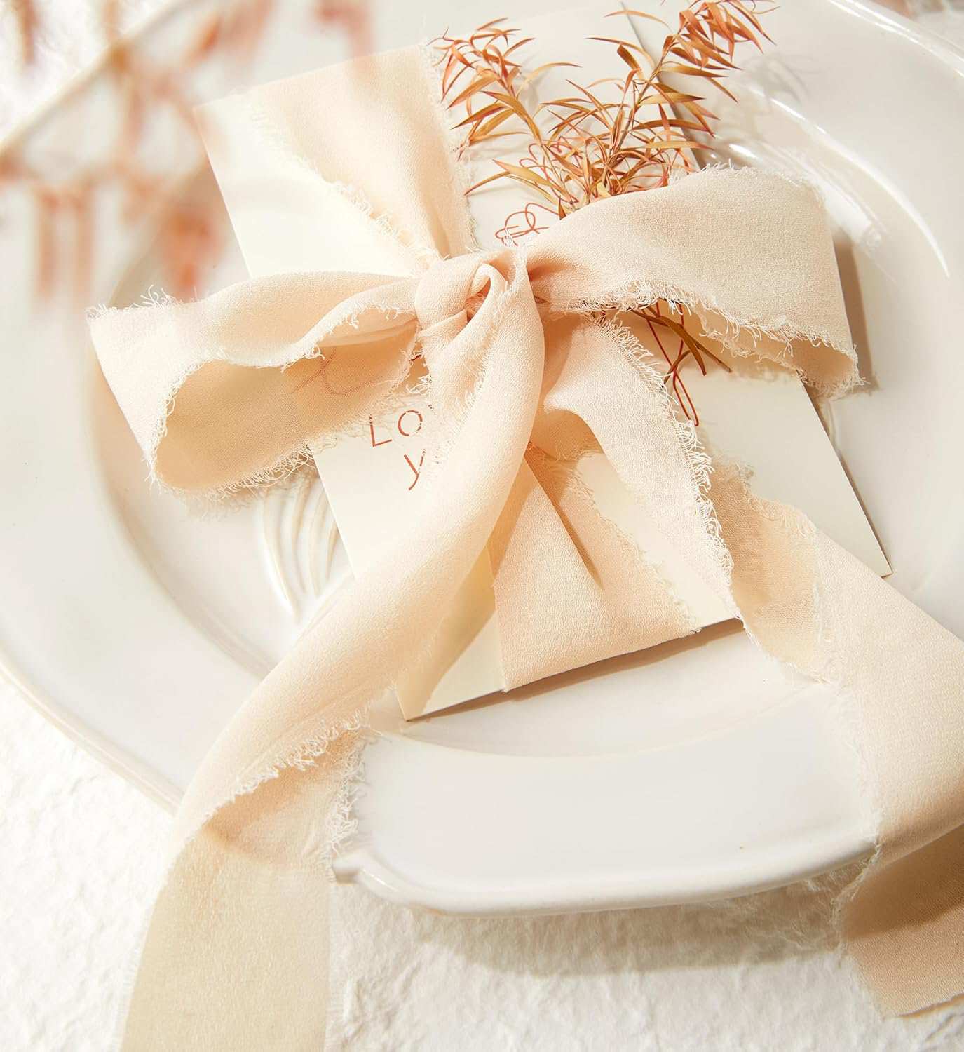 Anickal Cream White Chiffon Ribbon, 3 Rolls Handmade Fringe Chiffon Silk Ribbons, 1 1/2 Inch x 7Yd White Ribbon Set for Gift Wrapping, Flower Bouqeut, Wedding, Bouquet Wrap, DIY Crafts